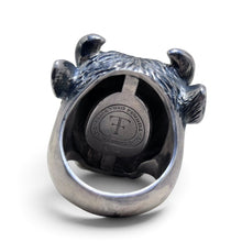 925Collection Alias Theo Fennell sterling silver bull head ring showing the interior hallmark and detailed band