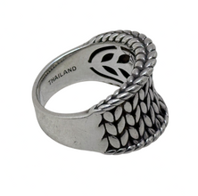 925Collection JAI sterling silver wide band ring featuring an intricate woven texture and Thailand hallmark