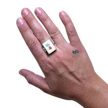 925Collection vintage Mahjong tile statement ring with cream tile and colorful markings on a silver-tone band.
