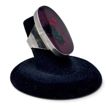 925Collection oval sterling silver statement ring featuring a burgundy resin inlay with preserved red floral elements.