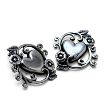 925Collection sterling silver heart stud earrings with intricate floral filigree and a polished vintage finish.