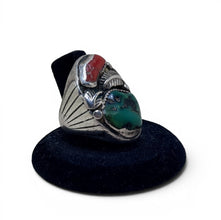 925Collection Southwestern sterling silver statement ring with natural turquoise, red coral, and intricate leaf detailing.
