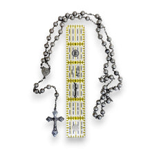 925Collection sterling silver rosary necklace with polished spherical beads, heart centerpiece, and engraved crucifix.