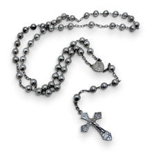 925Collection sterling silver rosary necklace with polished spherical beads, heart centerpiece, and engraved crucifix.