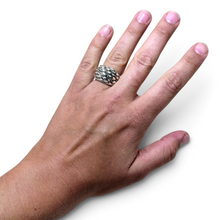 925Collection sterling silver modernist bubble weave ring worn on a hand, featuring a substantial 12g Italian design.