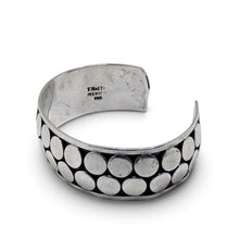 925Collection wide sterling silver cuff bracelet featuring a double row of polished circular discs on oxidized metal.