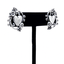 925Collection sterling silver heart stud earrings with intricate filigree and floral detailing on a display stand