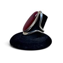 925Collection sterling silver statement ring featuring a deep red oval cabochon stone and architectural open-work band