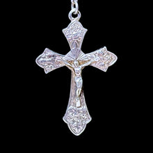 925Collection sterling silver rosary necklace featuring a detailed crucifix pendant with intricate floral engravings.
