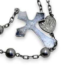 925Collection sterling silver rosary necklace featuring polished spherical beads, a heart centerpiece, and a crucifix.