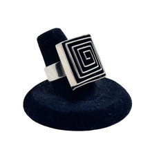 925Collection sterling silver statement ring with a geometric square face and a deep-set black spiral inlay design.