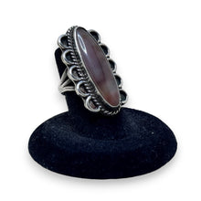 925Collection sterling silver statement ring with an elongated oval stone, rope detailing, and scalloped edges.