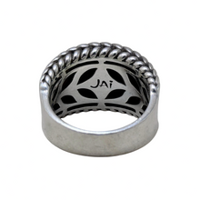 925Collection sterling silver wide band ring with intricate braided texture and JAI signature hallmark inside