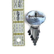 925Collection vintage Sterling Taxco carnelian pin with tapered dangles and pendant bail, back view with ruler.