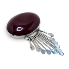 925Collection vintage Taxco sterling silver pin featuring a large oval carnelian stone with tapered metal dangles.