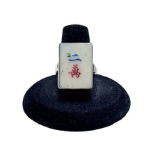 925Collection vintage Mahjong tile statement ring with cream tile and red, blue, and green markings on a silver band.