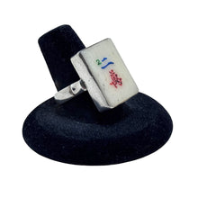 925Collection vintage Mahjong tile statement ring with cream tile and red, blue, and green markings on a silver band