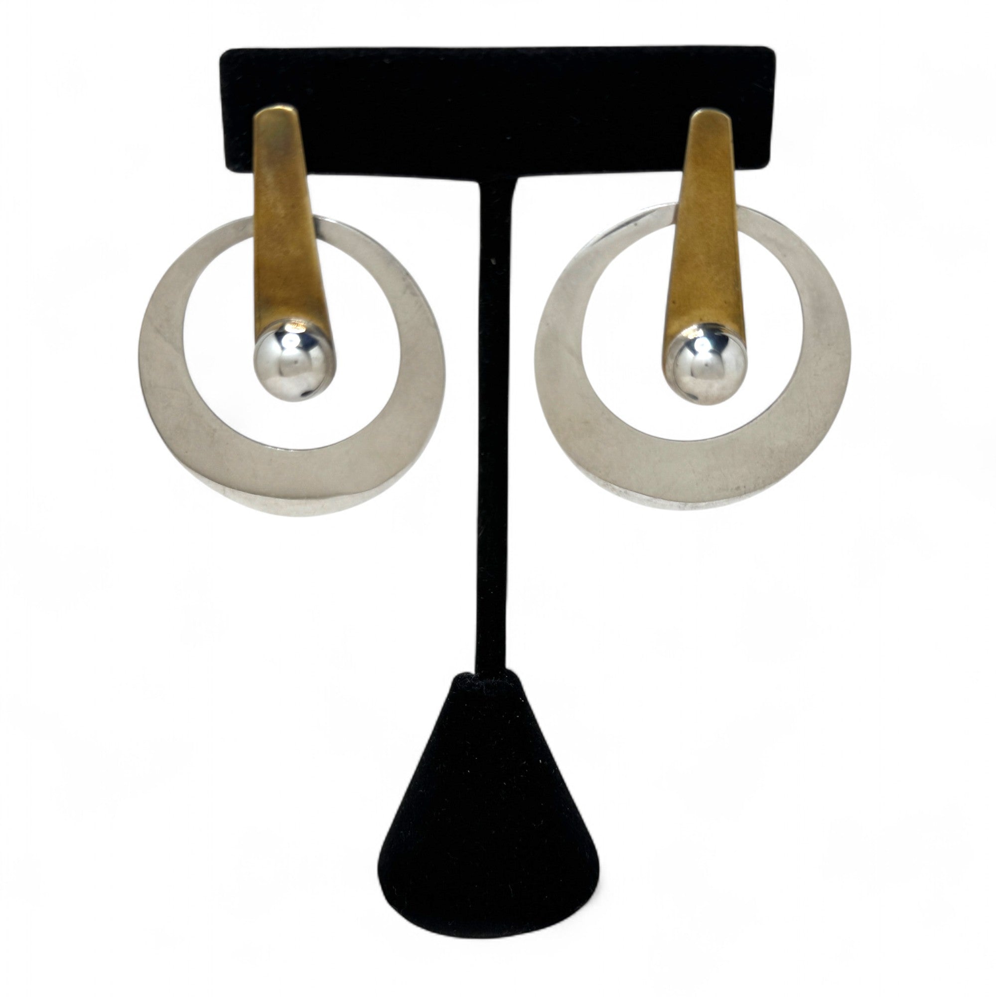 Taxco Brass & Silver Large Modernist Earring
