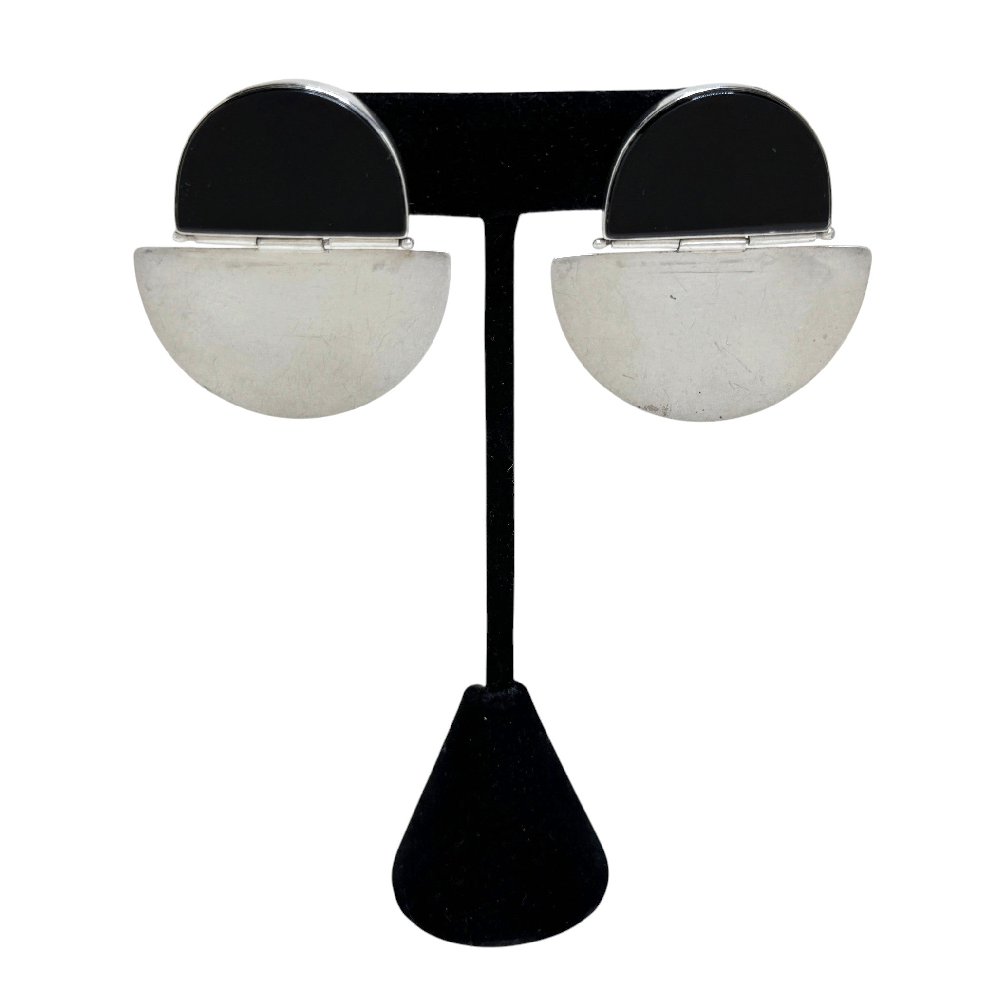 Geometric Hinged Onyx and Sterling Vintage Earring