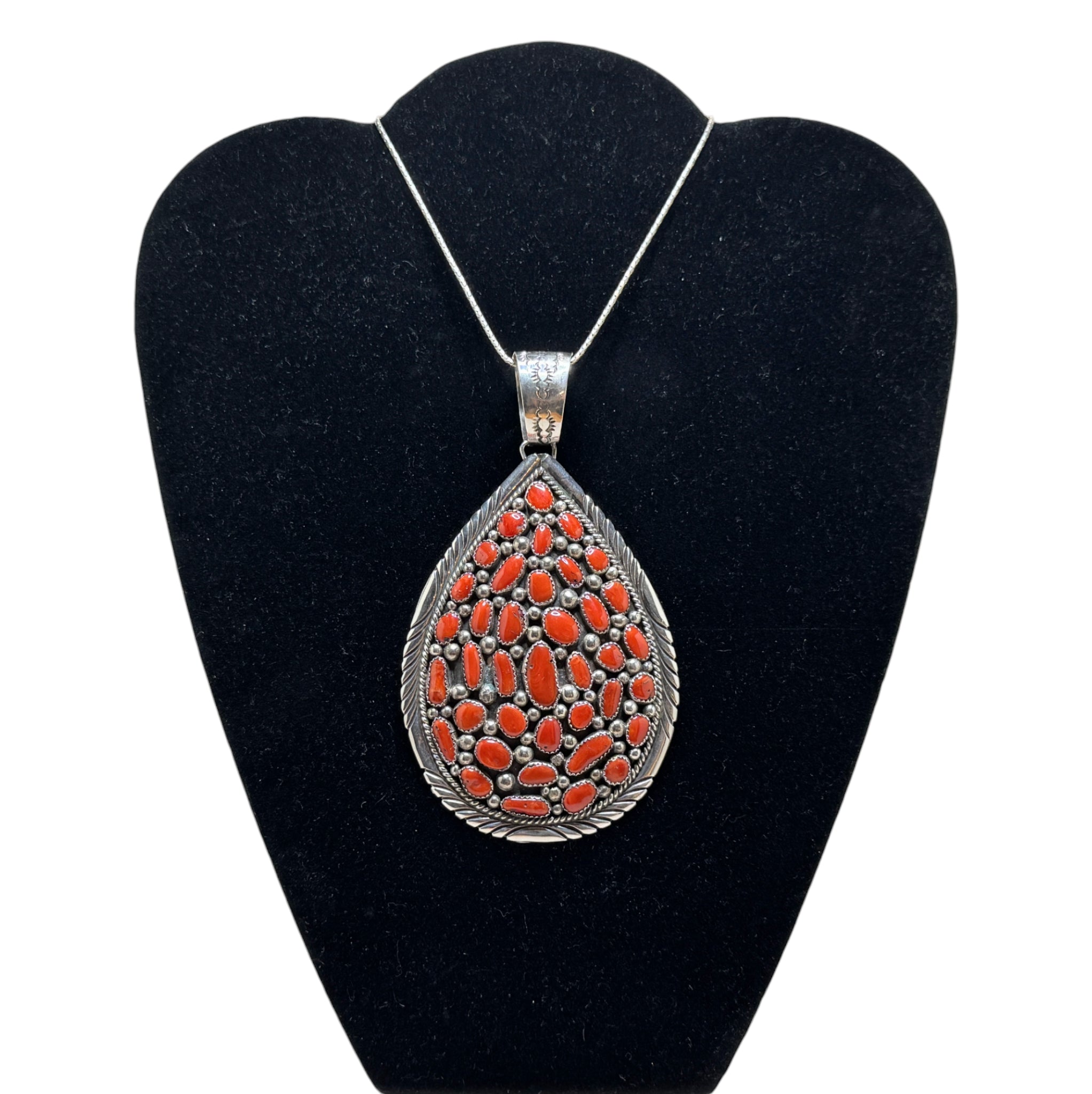1970s Navajo Sterling Red Coral Teardrop Pendant