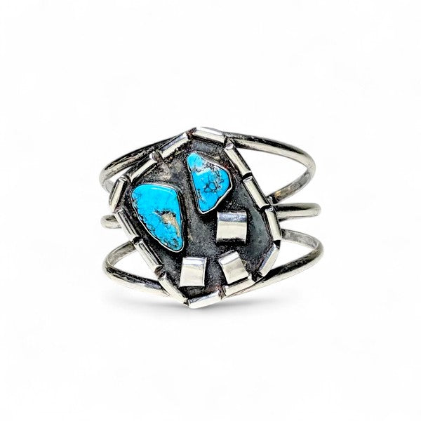 Vintage TURQUOISE Brutal Sterling Cuff / Totally Unique Abstract Post Modern Sterling / Native American Silver Bracelet / 925 Cuff Size 7