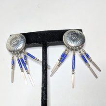 Native American Sterling Beaded Earrings / Blue Stone Dangle Tribal Earrings / Stamped QT Sterling / 1990s 90s SW Southwestern Jewelry