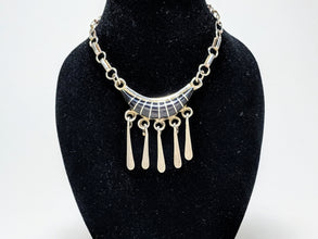 Vintage Sterling Silver ONYX Inlay Necklace / Modernist Dangle Statement Jewelry / Native American Sterling Jewelry / Unique 1990s Necklace