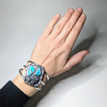 Vintage TURQUOISE Brutal Sterling Cuff / Totally Unique Abstract Post Modern Sterling / Native American Silver Bracelet / 925 Cuff Size 7