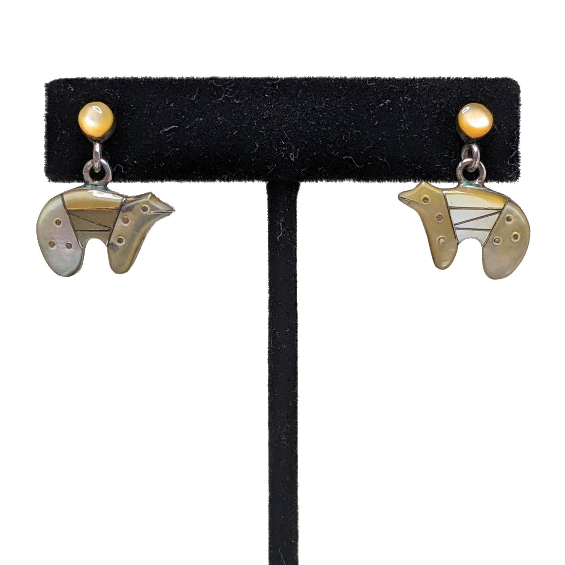 STERLING Bear Opal Studs / Bear Fetish Jewelry / Mother of Pearl Earring / Native American Jewelry / Bear Earrings / Pearl Inlay Earrings
