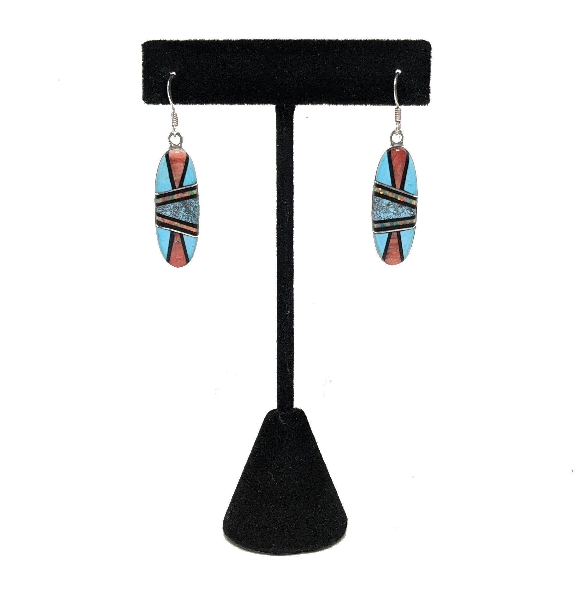 YAZZIE Inlay Earrings / Native American Jewelry / Sterling Turquoise Earrings / Signed Native Jewelry / Coral Opal Inlay / Vintage Native