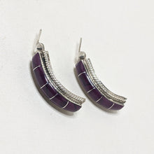 Sterling Native Hoops / Purple Enamel Swirl Native Inlay / Inlay Sterling Hoops / 1990s Hoop Earrings / Inlay Earrings / Native Inlay Silver