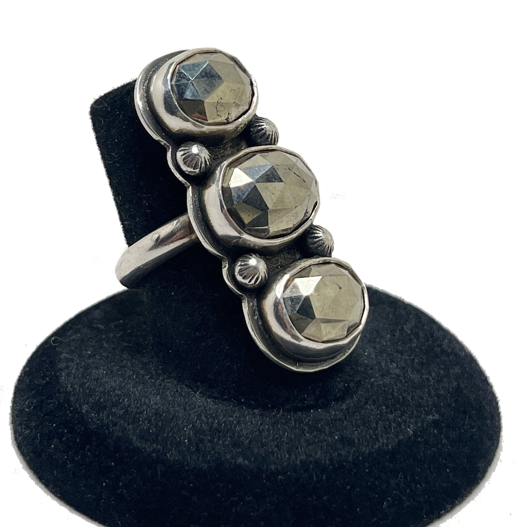 Vintage PYRITE Sterling Ring 7 | SOUTHWESTERN Pyrite Ring Size 7 | Faceted Pyrite Ring 7 | Vintage 2000s Jewelry | Three Cabochon Ring
