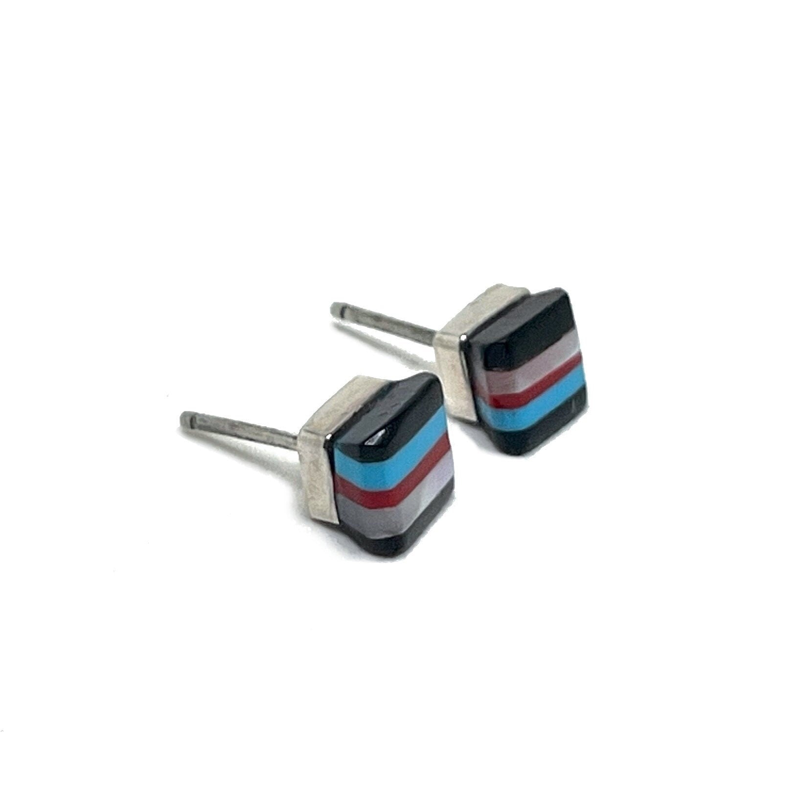 Native INLAY Stud Earrings | STERLING Silver Small Striped Studs | TURQUOISE Pearl Onyx Coral Inlay | Vintage Native American Earrings