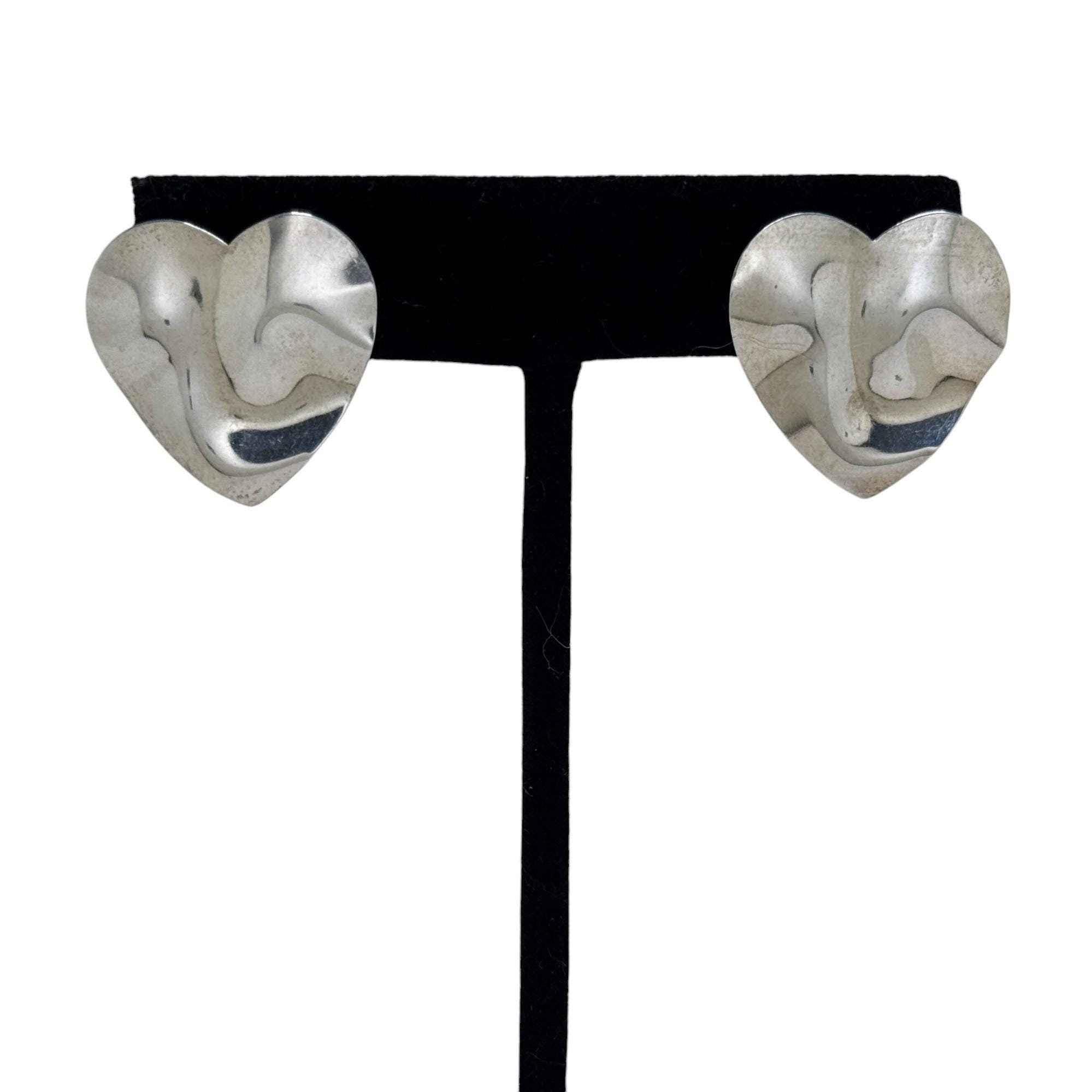 Vintage Sterling HEART Earrings | Crinkle Texture Silver Heart Earrrings | Modern Silver Jewelry | 80s MOD Silver | 1980s ABSTRACT Sterling