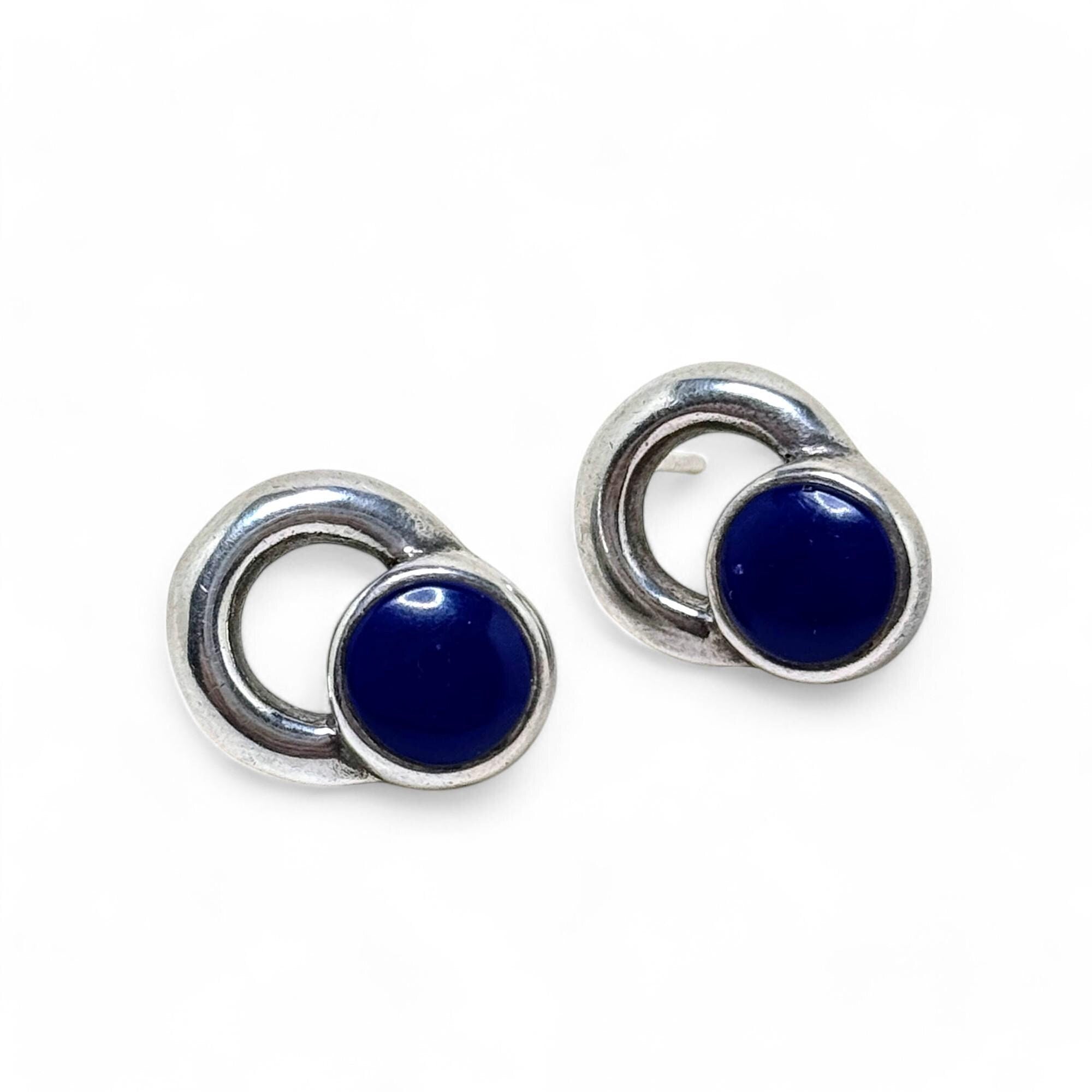 Vintage LAPIS Earrings | Lapis Lazuli CIRCLE Earrings | Sterling Silver Lapis Earrings | MINIMALIST Lapis Studs | Simple Lapis Sterling