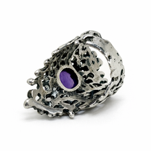 Sterling Brutalist Statement Ring with Amethyst Size 6 1/4